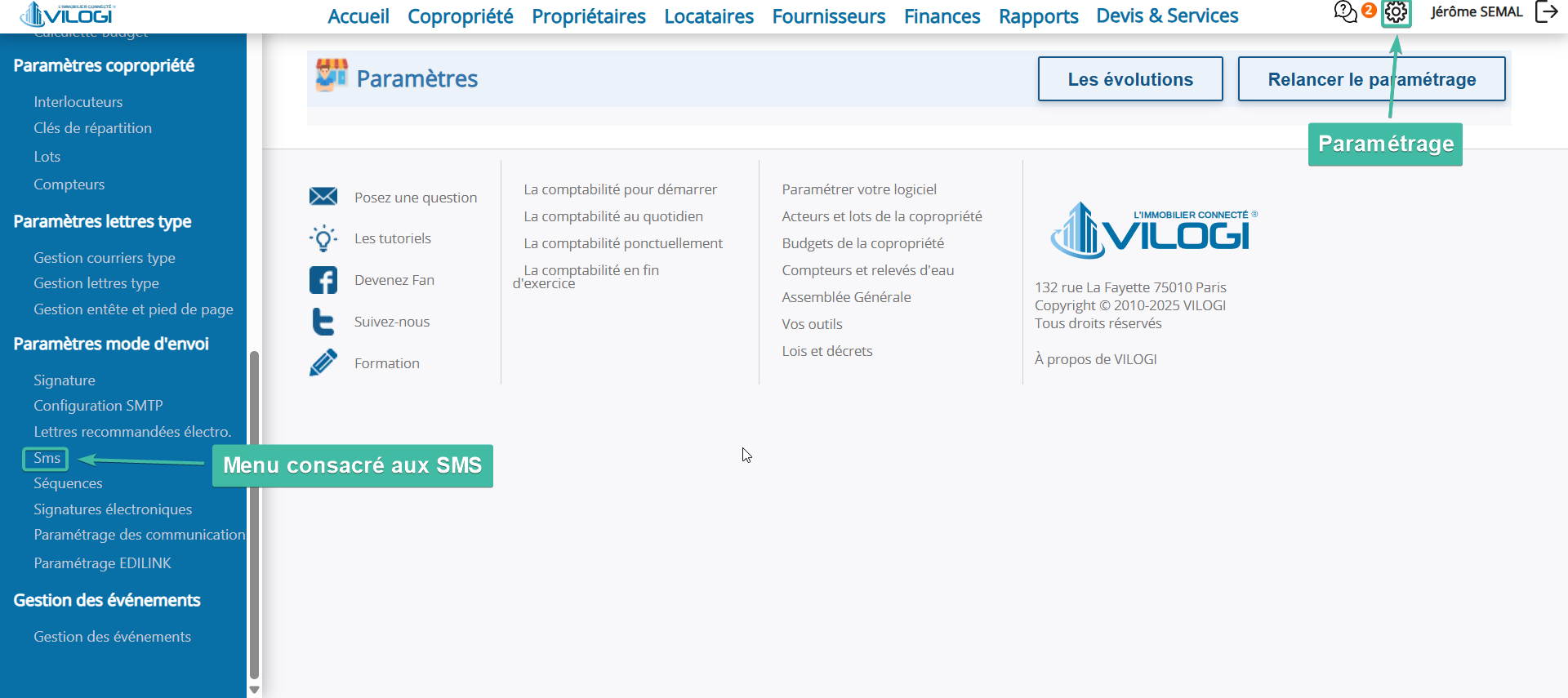 Le syndic doit paramétrer la fonctionnalité d envoi des SMS aux copropriétaires sur le logiciel syndic Tutoriel logiciel immobilier pour syndics et administrateurs de biens